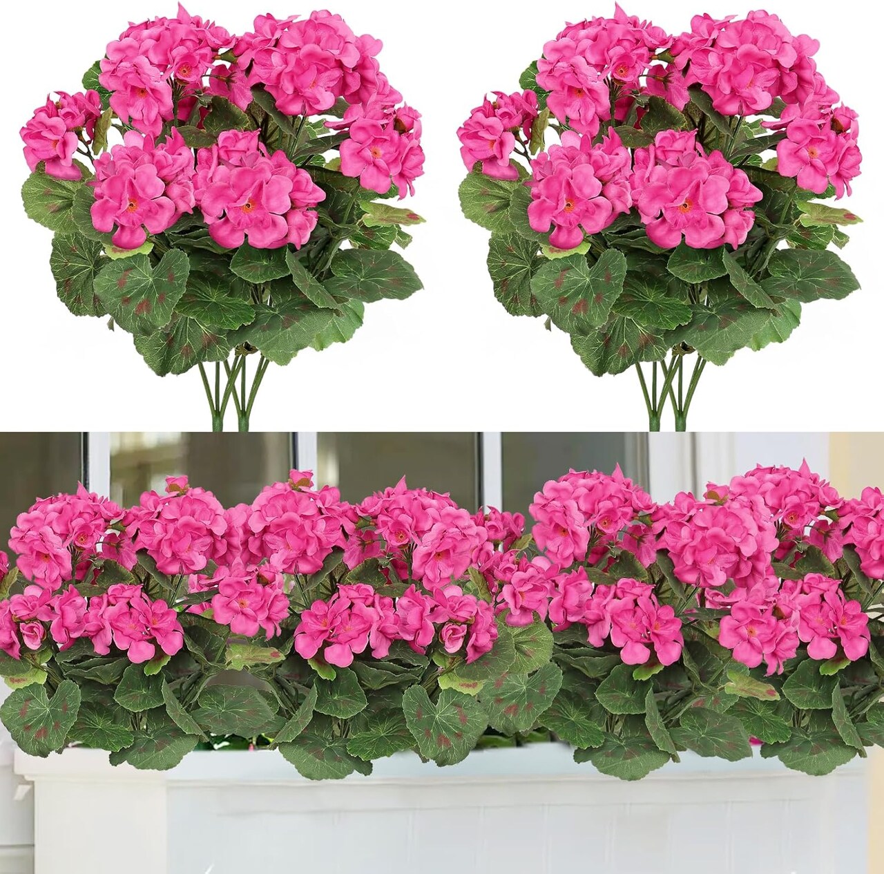 2 Bundles Artificial Red Geranium Flowers – UV-Resistant Silk Faux Plants for Outdoor & Indoor Garden, Porch, Window Box, Home, Wedding, and Patio Décor (Rose Red)